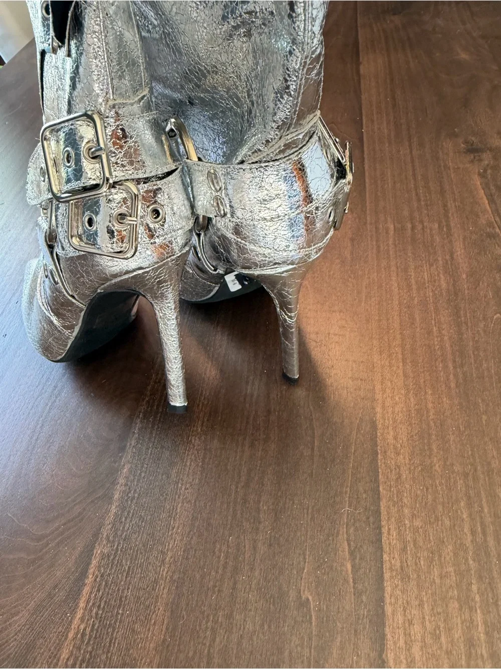 Wild Diva Metallic Silver Knee High Buckle Stiletto Boots